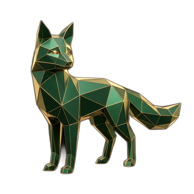 1638.cloud geometric fox mascot — emerald and gold low-poly brand sculpture.